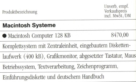 Scan einer Apple Preisliste aus 1985 - Apple Macintosh Basispreis DM 8470,&ndash;