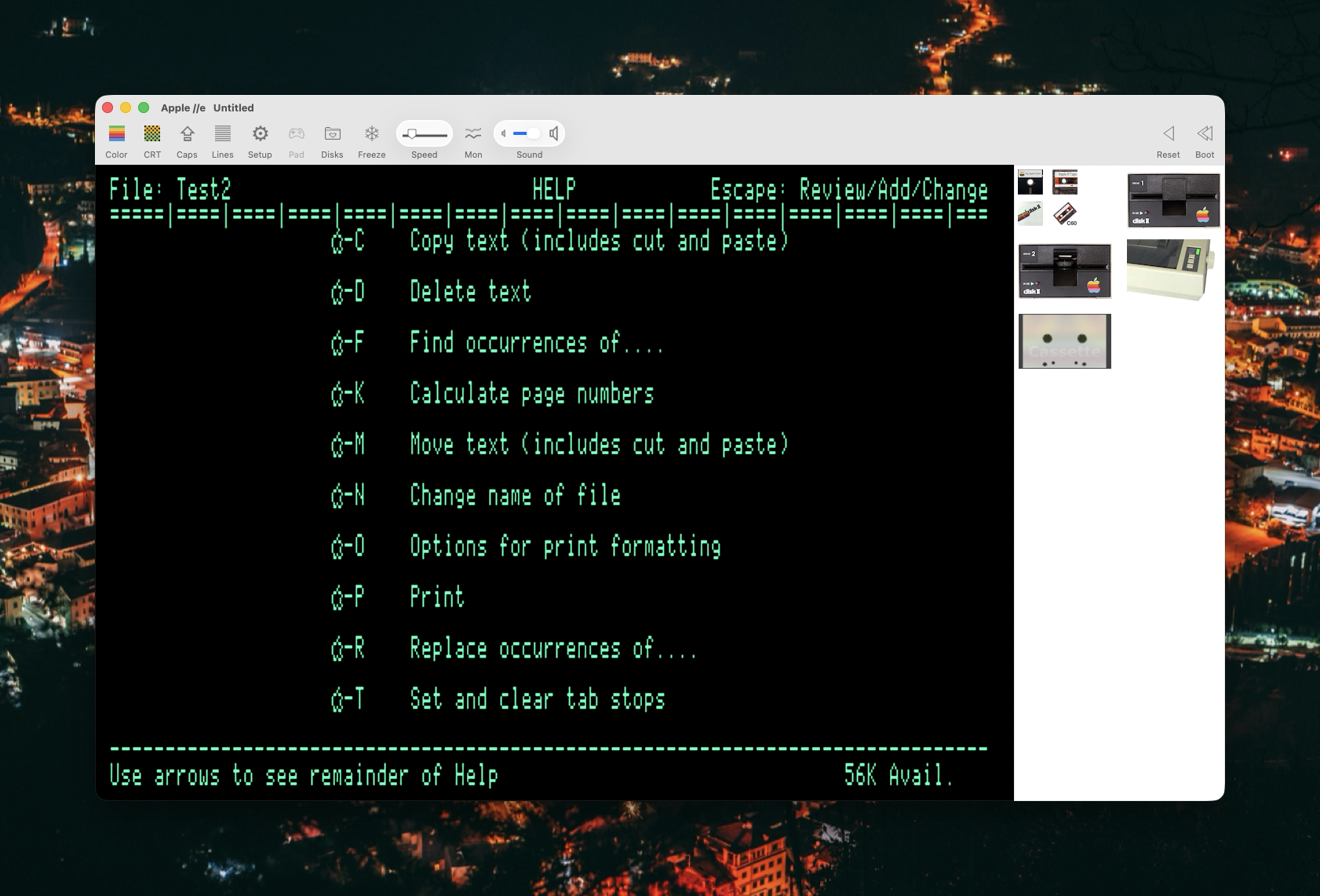 MacOS Apple II Emulator mit AppleWorks im Hilfemenü der Textverarbeitung